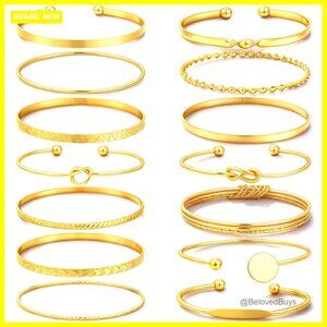 14K Gold Plated Stackable Bangle Bracelets Set, 14 Pcs Chunky Boho